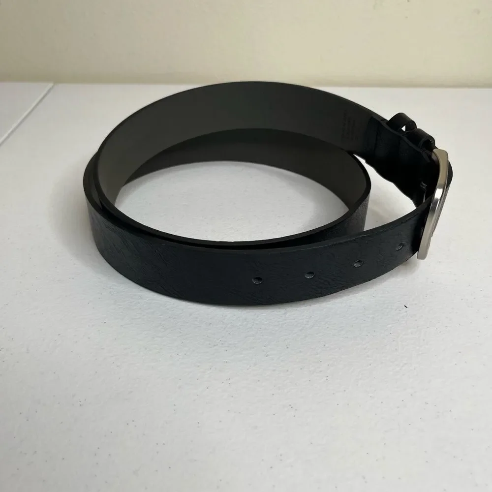 Faux Leather Black Belt Silver Buckle Classic Basic Simple 1.5